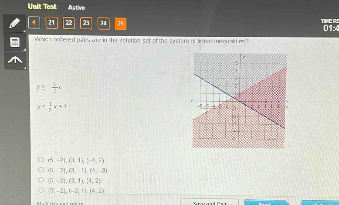 which ordered pairs are in the solution set of the system of linear inequalities?\ny≥ -\\frac{1}{2}x\ny<\\frac{1}{2}x + 1\n(5, -2), (3, 1), (-4, 2)\n(5, -2), (3, -1), (4, -3)\n(5, -2), (3, 1), (4, 2)\n(5, -2), (-3, 1), (4, 2)