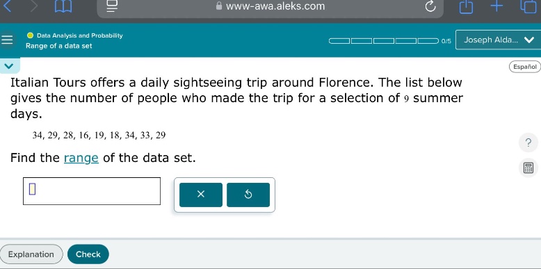 italian tours offers a daily sightseeing trip around florence. the list below gives the number of people who made the trip for a selection of 9 summer days. 34, 29, 28, 16, 19, 18, 34, 33, 29. find the range of the data set.