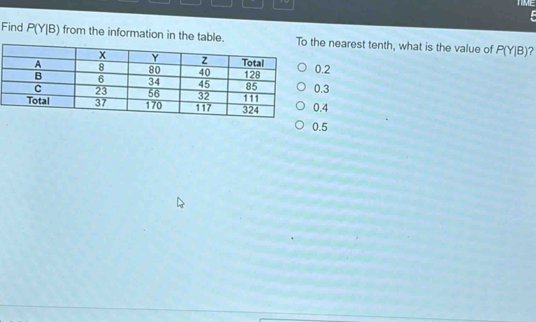 find p(y|b) from the information in the table.\nto the nearest tenth, what is the value of p(y|b)?\n| | x | y | z | total |\n| a | 8 | 80 | 40 | 128 |\n| b | 6 | 34 | 45 | 85 |\n| c | 23 | 56 | 32 | 111 |\n| total | 37 | 170 | 117 | 324 |\n0.2\n0.3\n0.4\n0.5