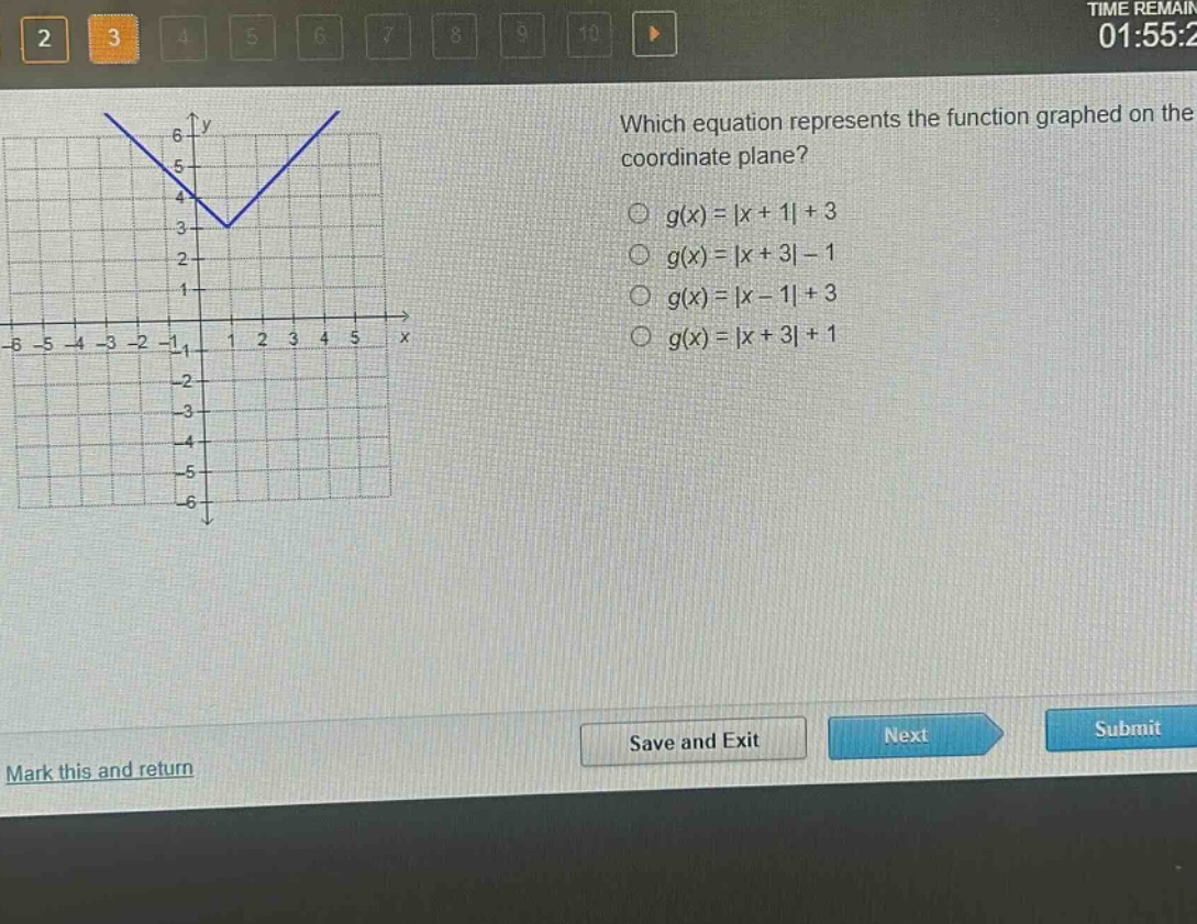 which equation represents the function graphed on the coordinate plane?\n$g(x)=|x + 1|+3$\n$g(x)=|x + 3|-1$\n$g(x)=|x - 1|+3$\n$g(x)=|x + 3|+1$