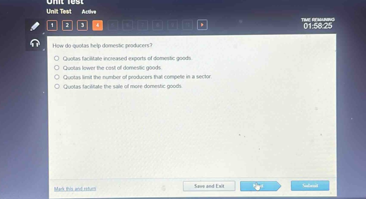 how do quotas help domestic producers?\nquotas facilitate increased exports of domestic goods.\nquotas lower the cost of domestic goods.\nquotas limit the number of producers that compete in a sector.\nquotas facilitate the sale of more domestic goods.