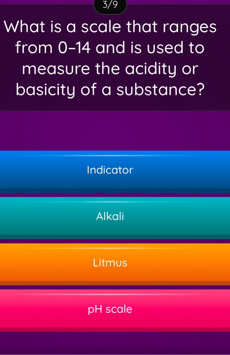 what is a scale that ranges from 0-14 and is used to measure the acidity or basicity of a substance? indicator alkali litmus ph scale