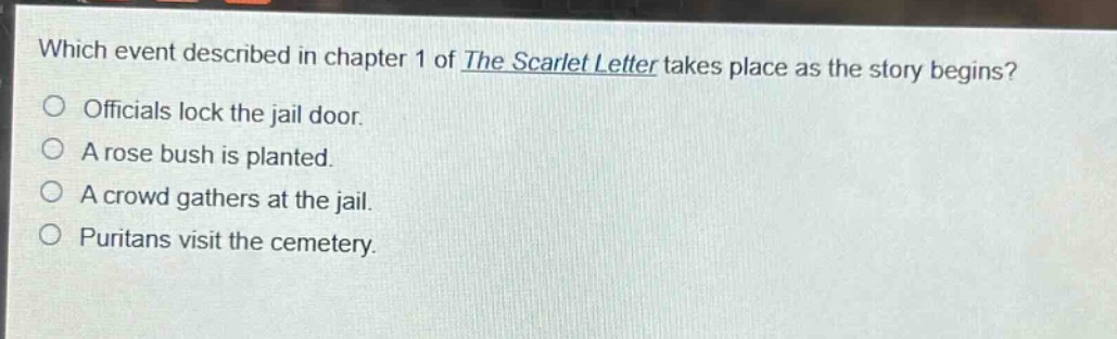 which event described in chapter 1 of the scarlet letter takes place as the story begins?\nofficials lock the jail door.\na rose bush is planted.\na crowd gathers at the jail.\npuritans visit the cemetery.