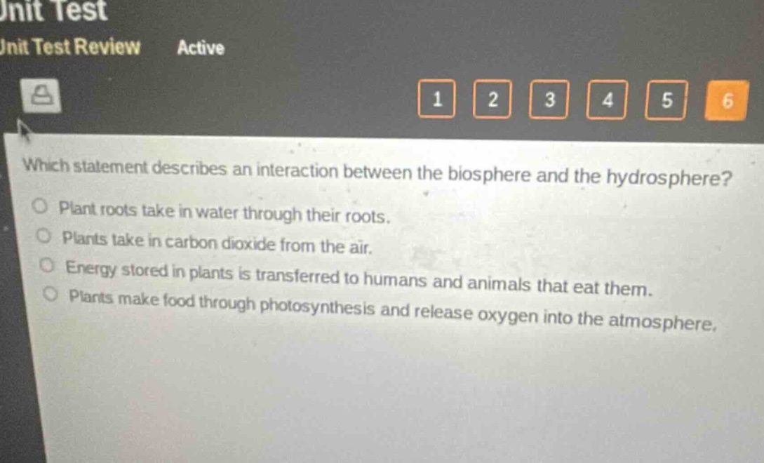 which statement describes an interaction between the biosphere and the hydrosphere?\nplant roots take in water through their roots.\nplants take in carbon dioxide from the air.\nenergy stored in plants is transferred to humans and animals that eat them.\nplants make food through photosynthesis and release oxygen into the atmosphere.