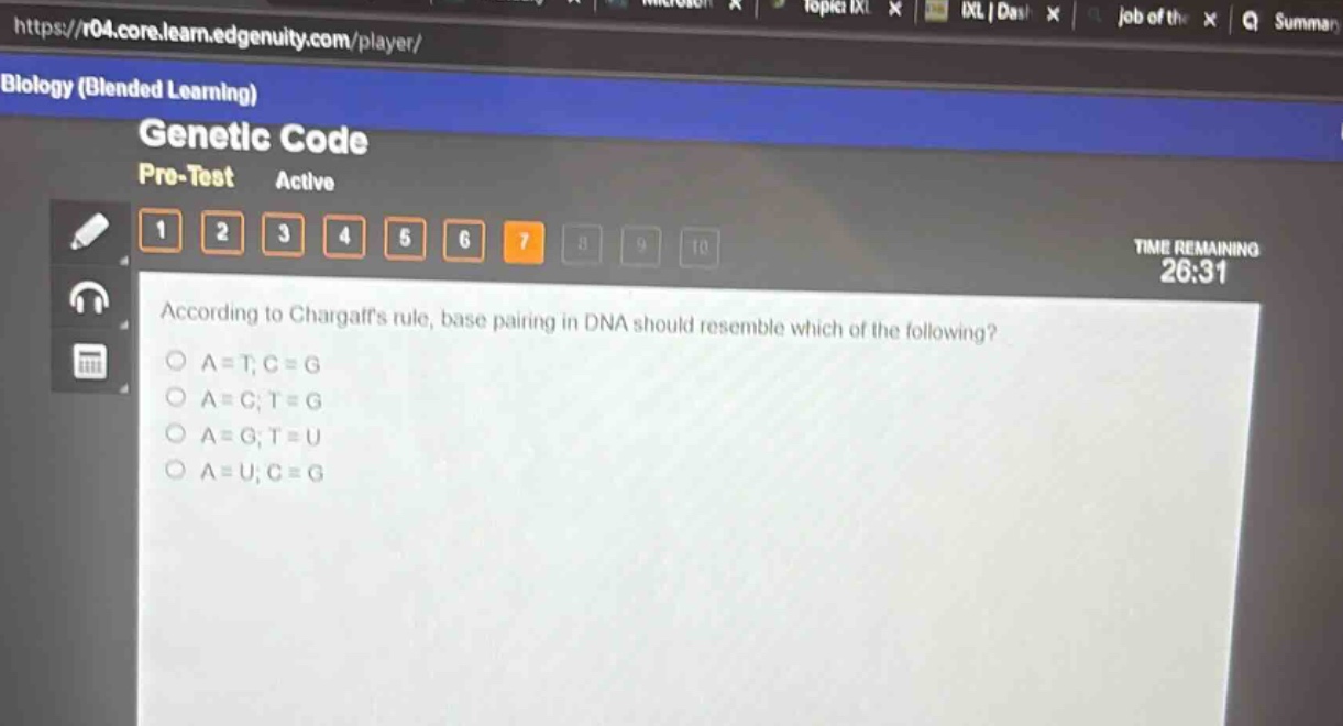 according to chargaffs rule, base pairing in dna should resemble which of the following?\na = t; c = g\na = c; t = g\na = g; t = u\na = u; c = g
