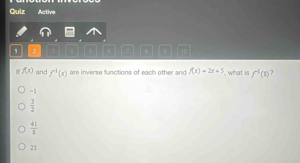 if $f(x)$ and $f^{-1}(x)$ are inverse functions of each other and $f(x)=2x + 5$, what is $f^{-1}(8)$?\n-1\n$\frac{3}{2}$\n$\frac{41}{8}$\n23