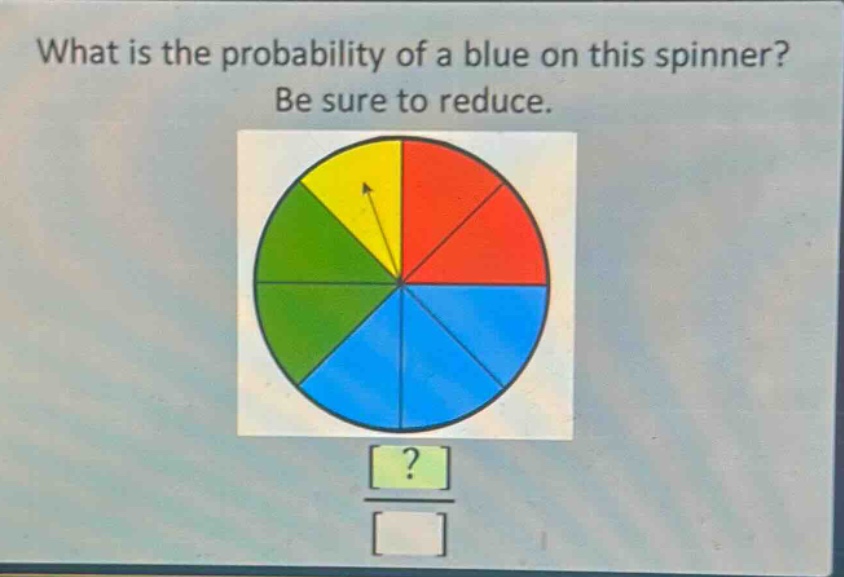 what is the probability of a blue on this spinner? be sure to reduce.