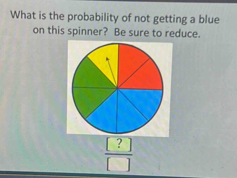 what is the probability of not getting a blue on this spinner? be sure to reduce.