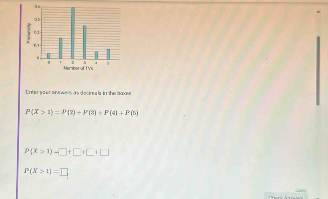 enter your answers as decimals in the boxes.\n$p(x > 1)=p(2)+p(3)+p(4)+p(5)$\n$p(x > 1)=square+square+square+square$\n$p(x > 1)=square$