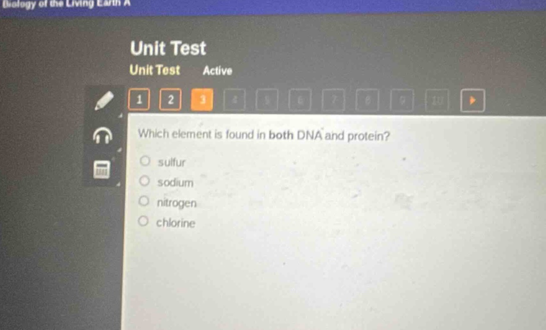which element is found in both dna and protein?\n○ sulfur\n○ sodium\n○ nitrogen\n○ chlorine