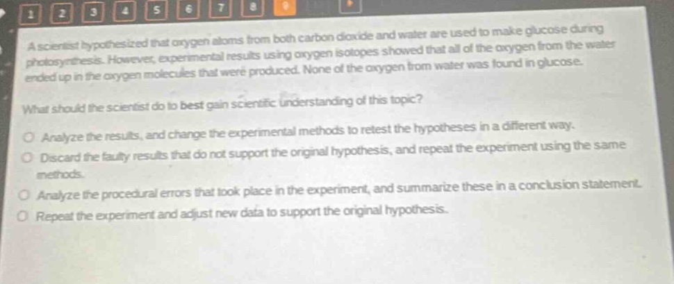 a scientist hypothesized that oxygen atoms from both carbon dioxide and water are used to make glucose during photosynthesis. however, experimental results using oxygen isotopes showed that all of the oxygen from the water ended up in the oxygen molecules that were produced. none of the oxygen from water was found in glucose.\nwhat should the scientist do to best gain scientific understanding of this topic?\no analyze the results, and change the experimental methods to retest the hypotheses in a different way.\no discard the faulty results that do not support the original hypothesis, and repeat the experiment using the same methods.\no analyze the procedural errors that took place in the experiment, and summarize these in a conclusion statement.\no repeat the experiment and adjust new data to support the original hypothesis.
