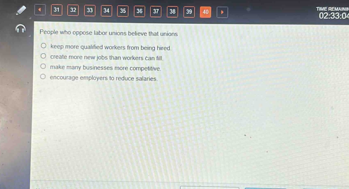people who oppose labor unions believe that unions\nkeep more qualified workers from being hired.\ncreate more new jobs than workers can fill.\nmake many businesses more competitive.\nencourage employers to reduce salaries.