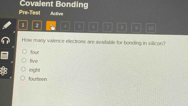 how many valence electrons are available for bonding in silicon?\nfour\nfive\neight\nfourteen