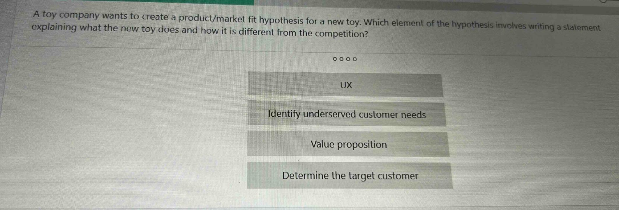 a toy company wants to create a product/market fit hypothesis for a new toy. which element of the hypothesis involves writing a statement explaining what the new toy does and how it is different from the competition?\n\nux\nidentify underserved customer needs\nvalue proposition\ndetermine the target customer