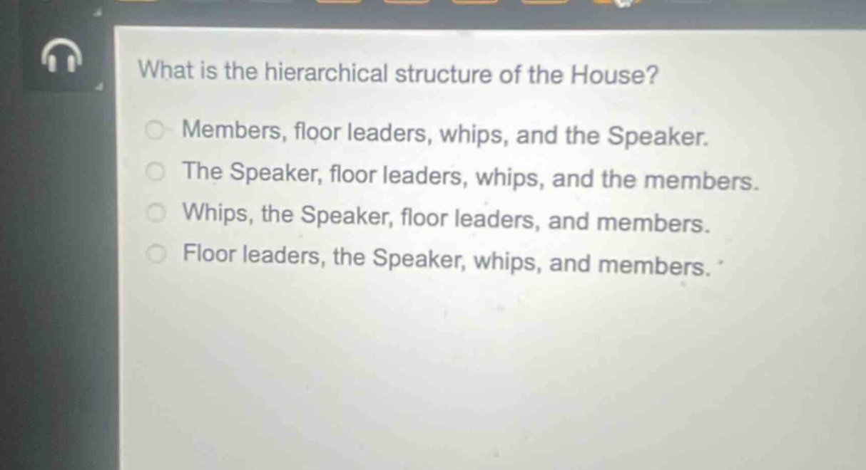 what is the hierarchical structure of the house?\nmembers, floor leaders, whips, and the speaker.\nthe speaker, floor leaders, whips, and the members.\nwhips, the speaker, floor leaders, and members.\nfloor leaders, the speaker, whips, and members.