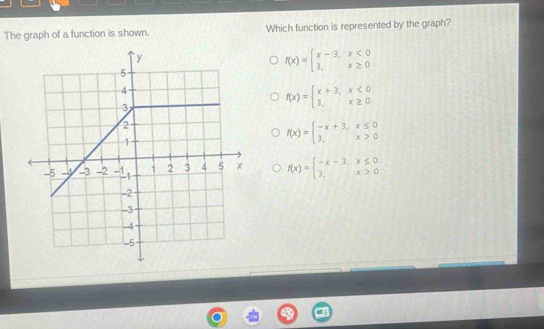 the graph of a function is shown. which function is represented by the graph? o $f(x)=\\begin{cases}x - 3, & x < 0 \\\\ 3, & x \\geq 0\\end{cases}$ o $f(x)=\\begin{cases}x + 3, & x < 0 \\\\ 3, & x \\geq 0\\end{cases}$ o $f(x)=\\begin{cases}-x + 3, & x \\leq 0 \\\\ 3, & x > 0\\end{cases}$ o $f(x)=\\begin{cases}-x - 3, & x \\leq 0 \\\\ 3, & x > 0\\end{cases}$