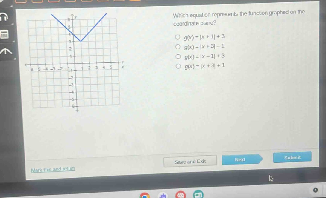 which equation represents the function graphed on the coordinate plane?\n○ (g(x)=|x + 1|+3)\n○ (g(x)=|x + 3|-1)\n○ (g(x)=|x - 1|+3)\n○ (g(x)=|x + 3|+1)
