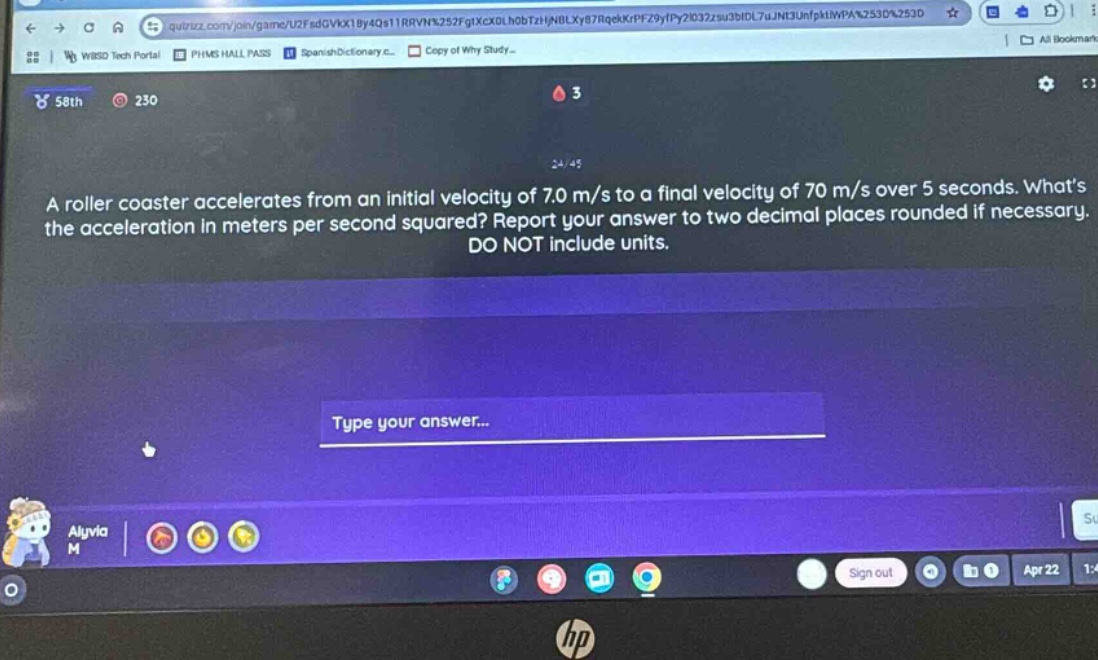 a roller coaster accelerates from an initial velocity of 7.0 m/s to a final velocity of 70 m/s over 5 seconds. whats the acceleration in meters per second squared? report your answer to two decimal places rounded if necessary. do not include units.