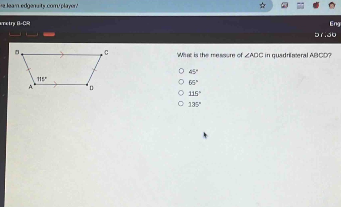 what is the measure of ∠adc in quadrilateral abcd?\n45°\n65°\n115°\n135°