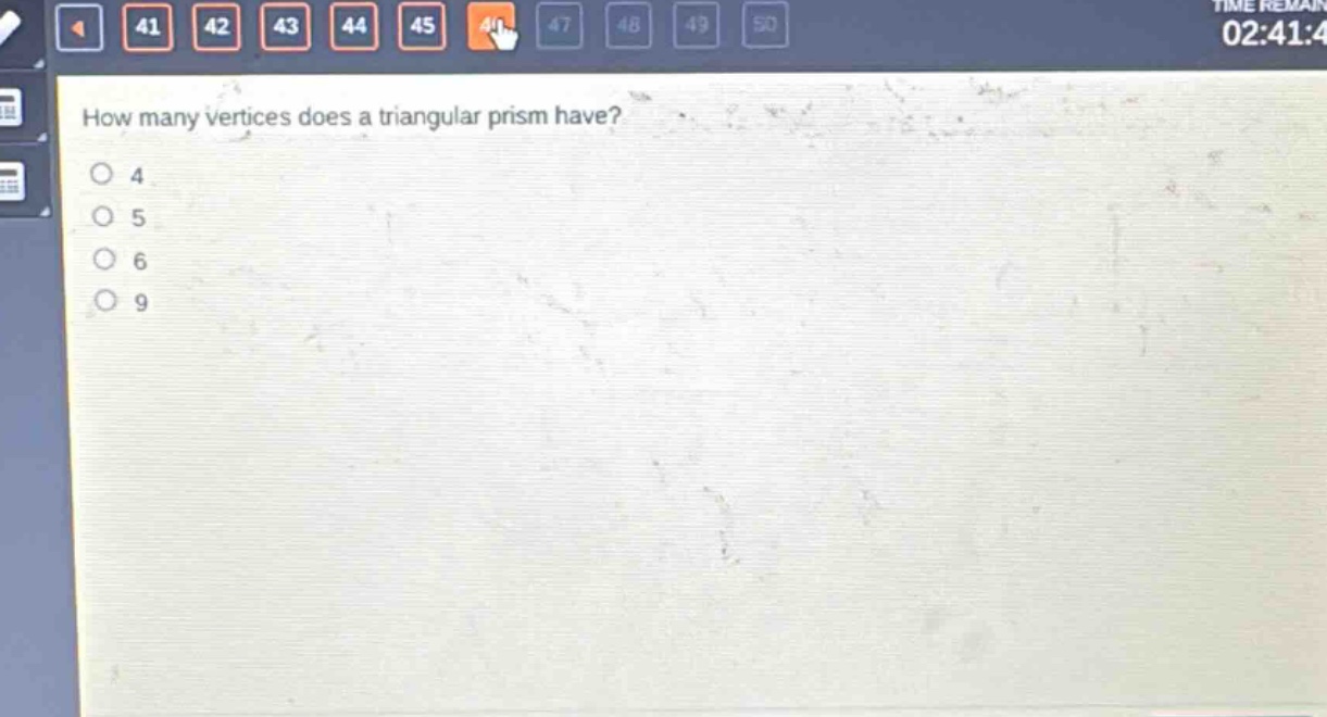 how many vertices does a triangular prism have?\n4\n5\n6\n9