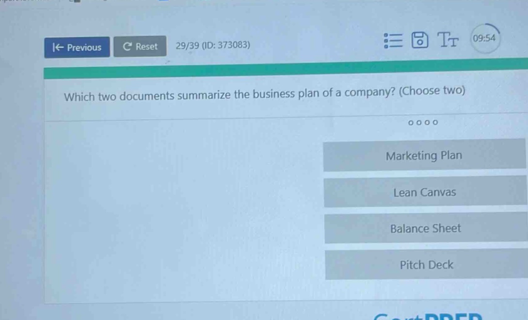 which two documents summarize the business plan of a company? (choose two)\nmarketing plan\nlean canvas\nbalance sheet\npitch deck