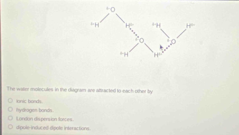 the water molecules in the diagram are attracted to each other by\n○ ionic bonds.\n○ hydrogen bonds.\n○ london dispersion forces.\n○ dipole - induced dipole interactions.