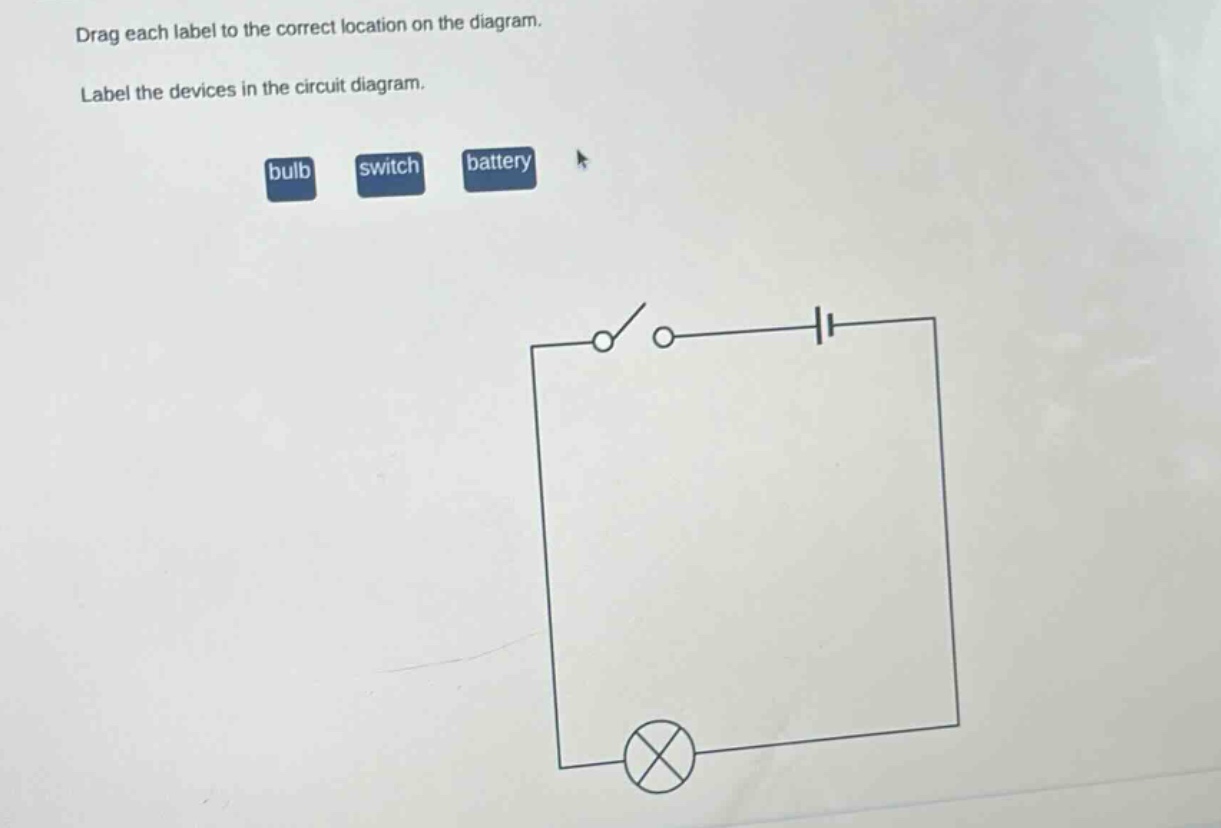 drag each label to the correct location on the diagram. label the devices in the circuit diagram. bulb switch battery