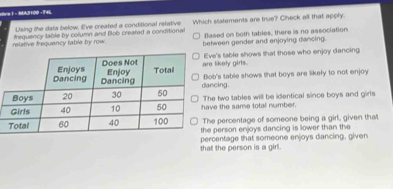 using the data below, eve created a conditional relative frequency table by column and bob created a conditional relative frequency table by row.\n| | enjoys dancing | does not enjoy dancing | total |\n|--|--|--|--|\n| boys | 20 | 30 | 50 |\n| girls | 40 | 10 | 50 |\n| total | 60 | 40 | 100 |\nwhich statements are true? check all that apply.\nbased on both tables, there is no association between gender and enjoying dancing.\neves table shows that those who enjoy dancing are likely girls.\nbobs table shows that boys are likely to not enjoy dancing.\nthe two tables will be identical since boys and girls have the same total number.\nthe percentage of someone being a girl, given that the person enjoys dancing is lower than the percentage that someone enjoys dancing, given that the person is a girl.