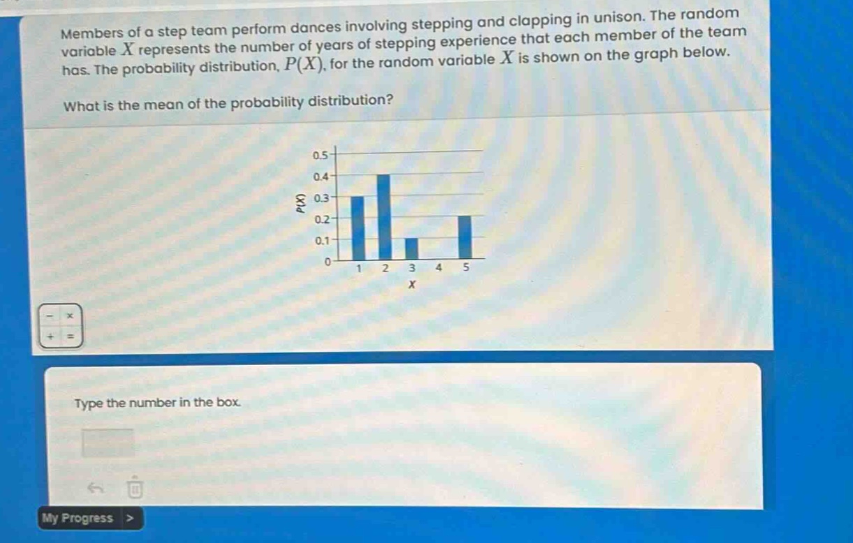 members of a step team perform dances involving stepping and clapping in unison. the random variable (x) represents the number of years of stepping experience that each member of the team has. the probability distribution, (p(x)), for the random variable (x) is shown on the graph below. what is the mean of the probability distribution? type the number in the box.