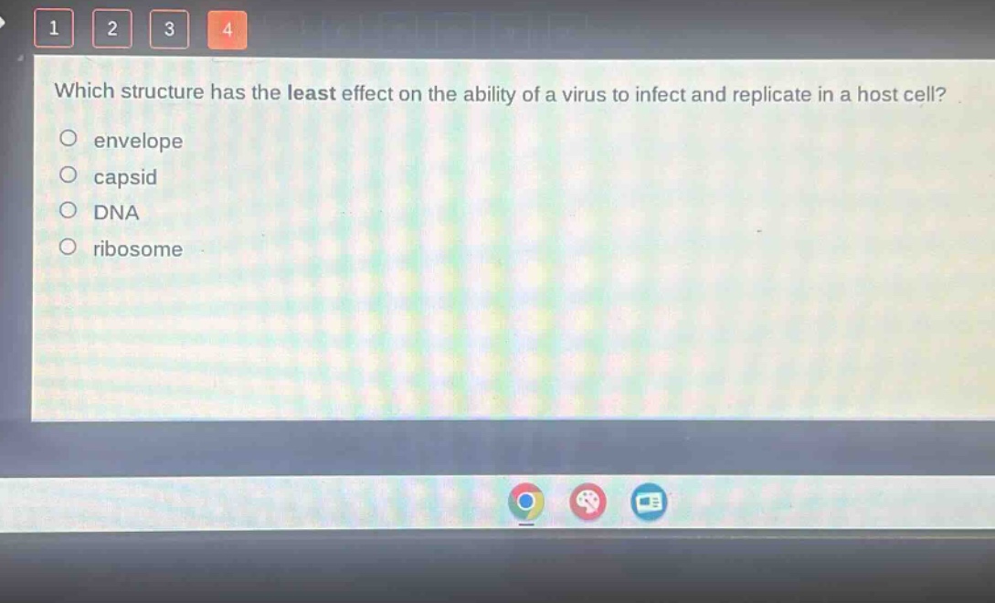 which structure has the least effect on the ability of a virus to infect and replicate in a host cell?\no envelope\no capsid\no dna\no ribosome