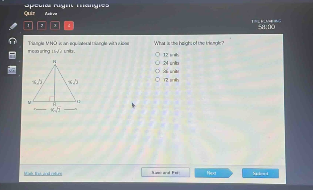triangle mno is an equilateral triangle with sides measuring 16\\sqrt{3} units. what is the height of the triangle? 12 units 24 units 36 units 72 units