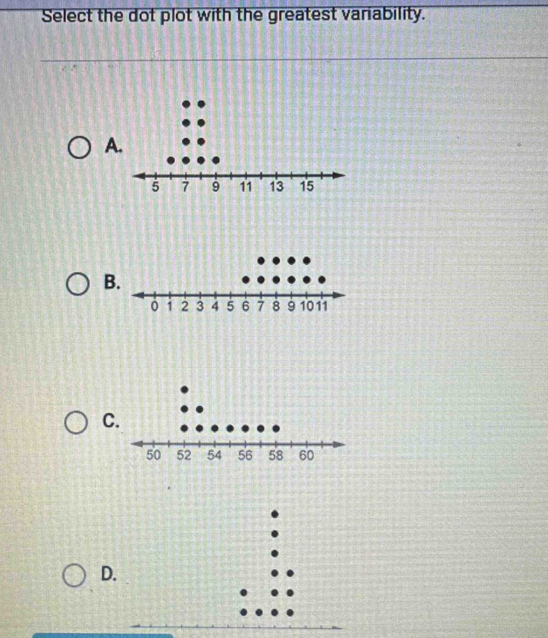select the dot plot with the greatest variability.\na.\nb.\nc.\nd.