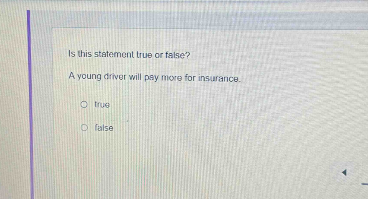 is this statement true or false? a young driver will pay more for insurance. true false