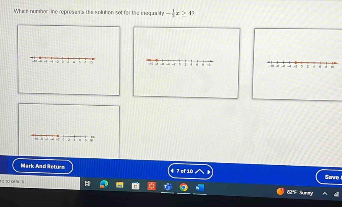 which number line represents the solution set for the inequality $-\frac{1}{2}xgeq4$?