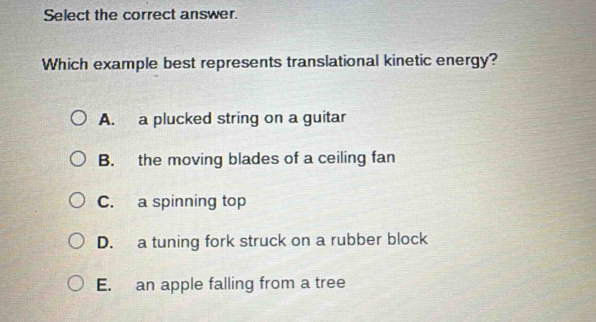 select the correct answer. which example best represents translational kinetic energy? a. a plucked string on a guitar b. the moving blades of a ceiling fan c. a spinning top d. a tuning fork struck on a rubber block e. an apple falling from a tree