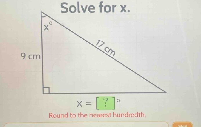 solve for x.\nround to the nearest hundredth.