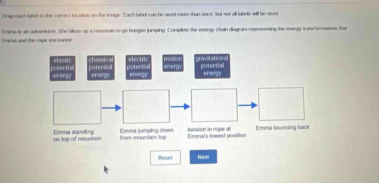 drag each label to the correct location on the image. each label can be used more than once, but not all labels will be used. emma is an adventurer. she hikes up a mountain to go bungee jumping. complete the energy - chain diagram representing the energy transformations that emma and the rope encounter. elastic potential energy chemical potential energy electric potential energy motion energy gravitational potential energy emma standing on top of mountain emma jumping down from mountain top tension in rope at emmas lowest position emma bouncing back reset next