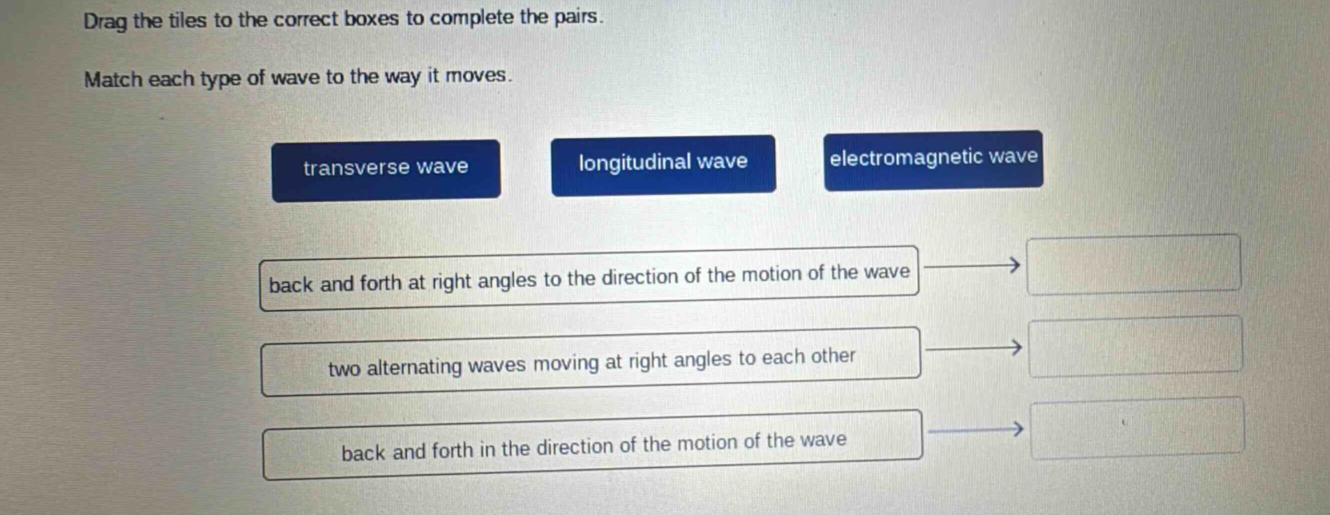 drag the tiles to the correct boxes to complete the pairs. match each type of wave to the way it moves. transverse wave longitudinal wave electromagnetic wave back and forth at right angles to the direction of the motion of the wave two alternating waves moving at right angles to each other back and forth in the direction of the motion of the wave