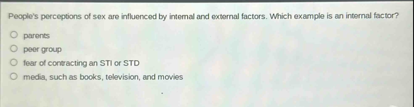 peoples perceptions of sex are influenced by internal and external factors. which example is an internal factor?\nparents\npeer group\nfear of contracting an sti or std\nmedia, such as books, television, and movies