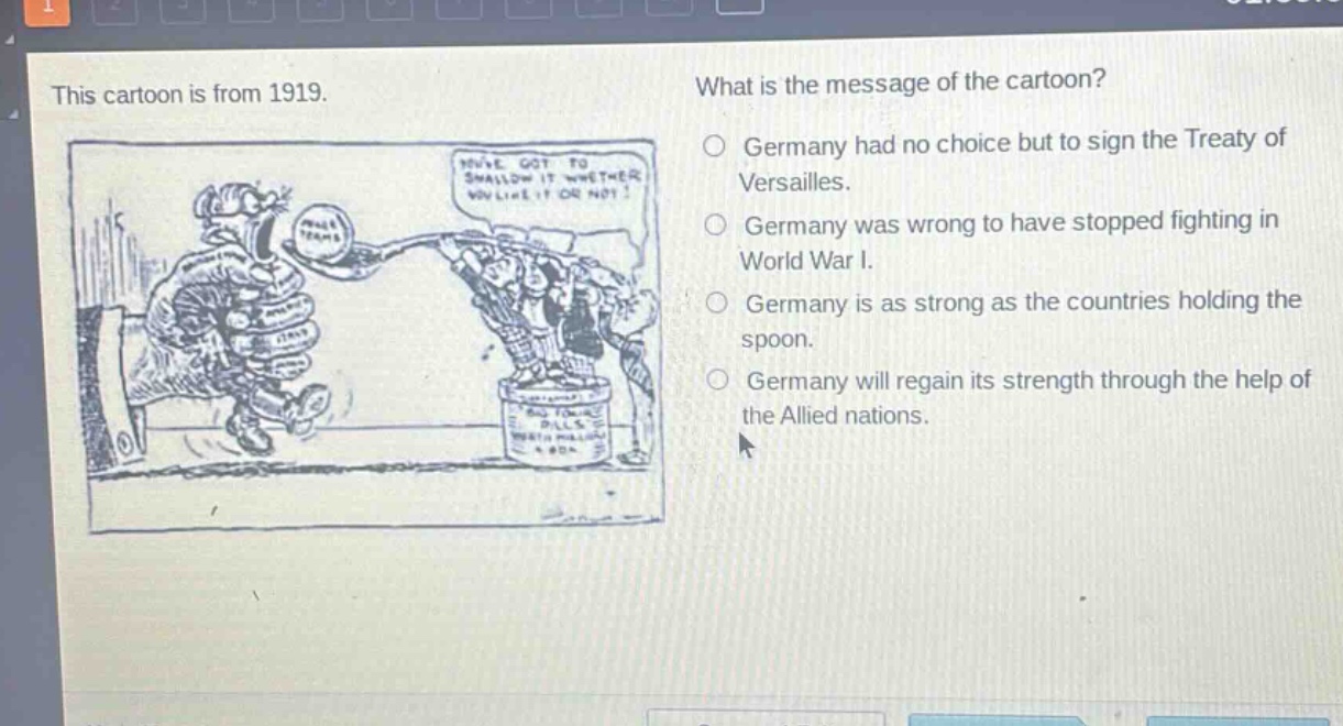 this cartoon is from 1919. what is the message of the cartoon? germany had no choice but to sign the treaty of versailles. germany was wrong to have stopped fighting in world war i. germany is as strong as the countries holding the spoon. germany will regain its strength through the help of the allied nations.