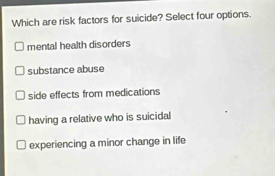 which are risk factors for suicide? select four options.\n□ mental health disorders\n□ substance abuse\n□ side effects from medications\n□ having a relative who is suicidal\n□ experiencing a minor change in life