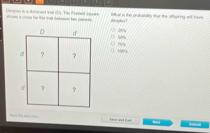 dimples is a dominant trait (d). the punnett square shows a cross for this trait between two parents. what is the probability that the offspring will have dimples? 25% 50% 75% 100%