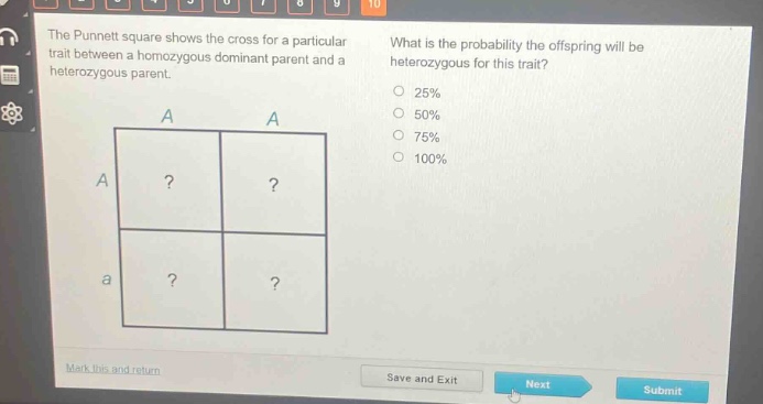 the punnett square shows the cross for a particular trait between a homozygous dominant parent and a heterozygous parent. what is the probability the offspring will be heterozygous for this trait? 25% 50% 75% 100%