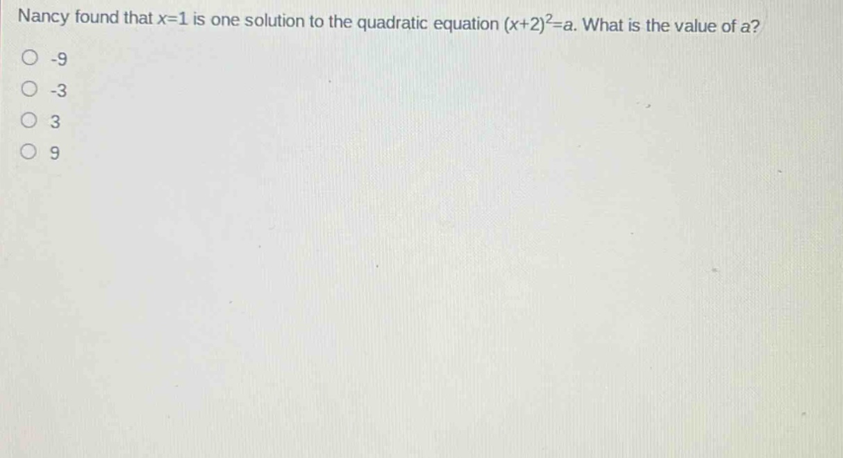 nancy found that x = 1 is one solution to the quadratic equation (x + 2)^2=a. what is the value of a?\n-9\n-3\n3\n9