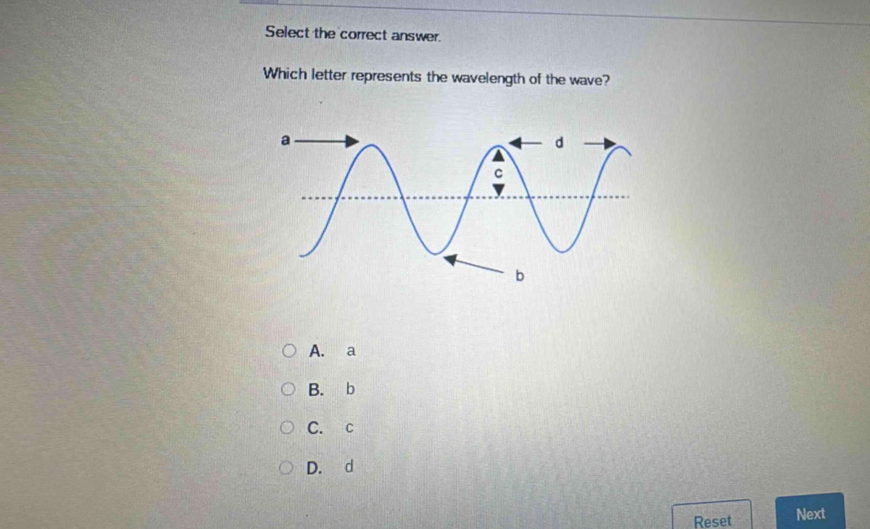 select the correct answer. which letter represents the wavelength of the wave? a. a b. b c. c d. d