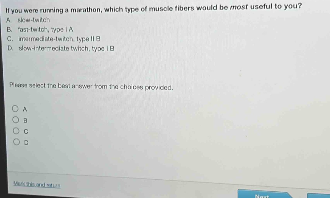 if you were running a marathon, which type of muscle fibers would be most useful to you? a. slow - twitch b. fast - twitch, type i a c. intermediate - twitch, type ii b d. slow - intermediate twitch, type i b please select the best answer from the choices provided.