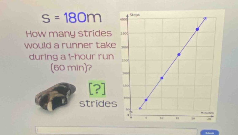 s = 180m\nhow many strides would a runner take during a 1 - hour run (60 min)?\n?\nstrides