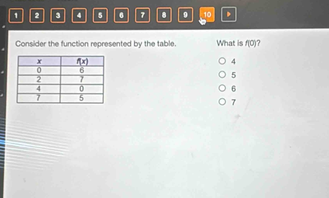 consider the function represented by the table. what is f(0)?\n| x | f(x) |\n|----|----|\n| 0 | 6 |\n| 2 | 7 |\n| 4 | 0 |\n| 7 | 5 |\n4\n5\n6\n7
