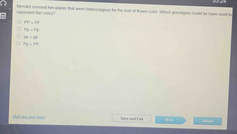 mendel crossed two plants that were heterozygous for the trait of flower color. which genotypes could he have used to represent the cross?\npp × pp\npp × pp\npp × pp\npp × pp
