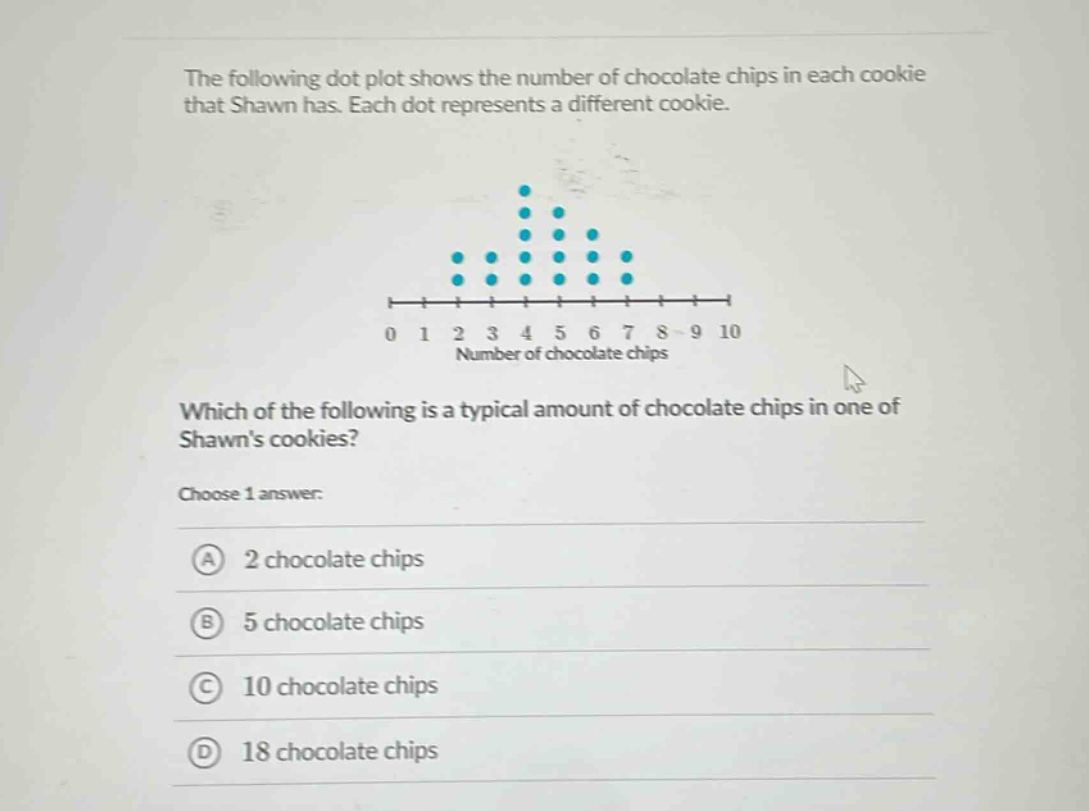 the following dot plot shows the number of chocolate chips in each cookie that shawn has. each dot represents a different cookie. which of the following is a typical amount of chocolate chips in one of shawns cookies? choose 1 answer: a 2 chocolate chips b 5 chocolate chips c 10 chocolate chips d 18 chocolate chips